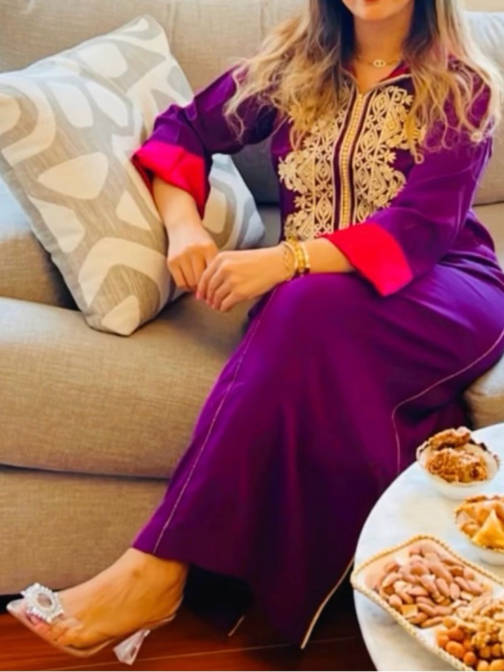 Embroidered Purple Caftan with Hot Pink Cuffs